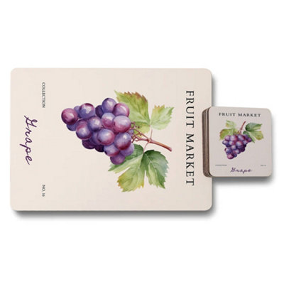 B&Q -  Placemat And Coaster Set From Fruit Market Collection With Grape Artwork And Wood Bottom Limited Edition