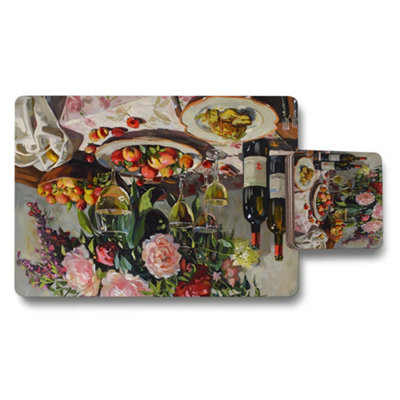B&Q -  Artisan Floral Placemats And Coasters Set In Designer Artwork Collection With Wood Base Limited Edition