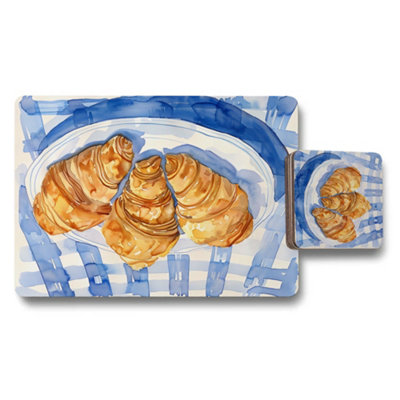 B&Q -  Croissant Print Placemats And Coasters Set In Designer Artwork On Wood Bottom Limited Edition
