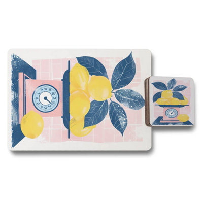 B&Q -  Placemat Coaster Set Limited Edition Designer Artwork With Wood Backing And Lemon Motif