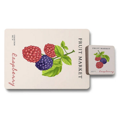 B&Q -  Fruit Market Placemats And Coasters Set Raspberry Artwork High End Print Technology Wood Bottom Limited Edition