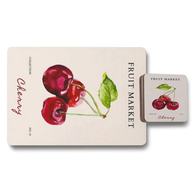 B&Q -  Fruit Market Cherry Placemat And Coaster Set With Wood Bottom Designer Collection Limited Edition