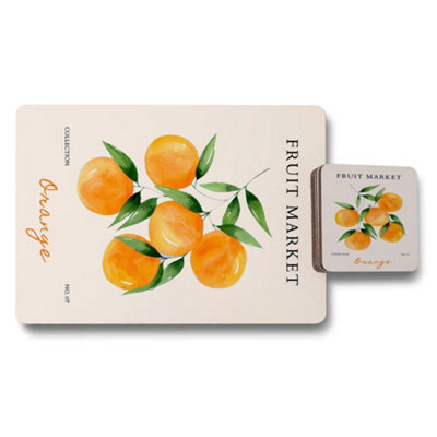 B&Q -  Fruit Market Placemat And Coaster Set Designer Artwork Wood Backing Limited Edition
