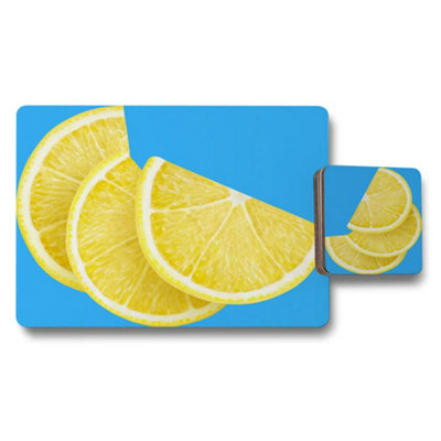 B&Q -  Placemat Coaster Set Lemon Slice Citrus Artwork With Wood Bottom Limited Edition