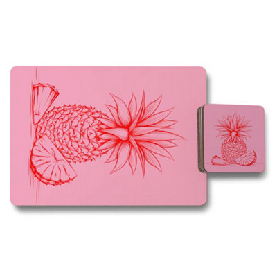 B&Q -  Placemat Coaster Set Pineapple Artwork Pink Palette Wood Base Exclusive Limited Edition