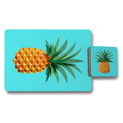 B&Q -  Placemat And Coaster Set Pineapple Art Luxe Print Collection With Wood Backing Limited Edition