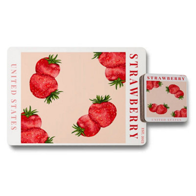 B&Q -  Placemat And Coaster Set Of Twelve With Wood Bottom Strawberry Designer Artwork Collection Limited Edition