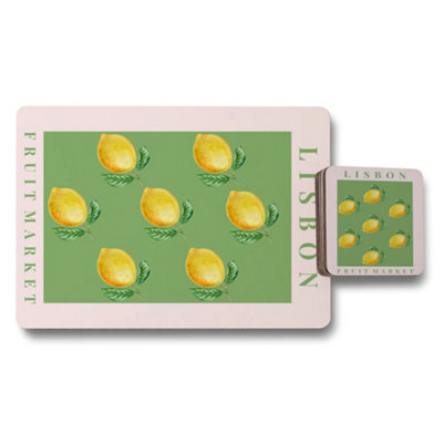 B&Q -  Lisbon Fruit Market Placemat And Coaster Set With Wood Bottom Designer Artwork Limited Edition