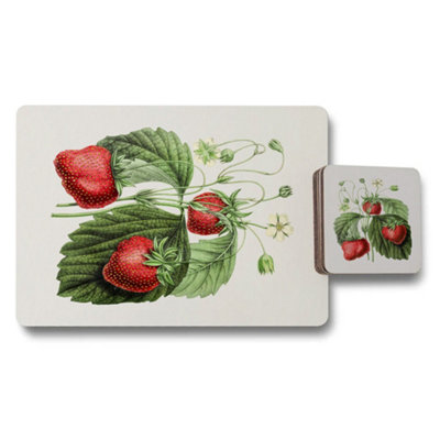 B&Q -  Botanical Strawberry Placemat Coaster Set Designer Artwork Wood Bottom Limited Edition