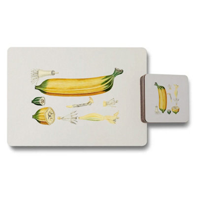 B&Q -  Placemat And Coaster Set Banana Botanical Artwork On Wood Backing Limited Edition