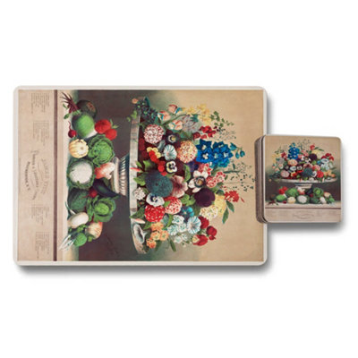 B&Q -  Placemat And Coaster Set With Designer Botanical Artwork On Wood Base Limited Edition