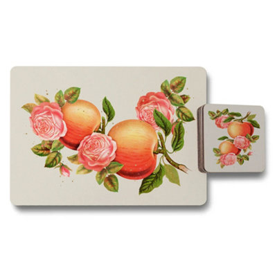 B&Q -  Peach Rose Placemat And Coaster Set With Wood Bottom Limited Edition Artwork Collection