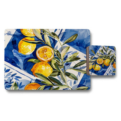 B&Q -  Placemat And Coaster Set With Designer Artwork Blue Citrus Motif Wood Bottom Limited Edition