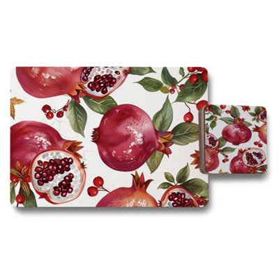 B&Q -  Pomegranate Botanical Placemat And Coaster Set With Wood Base And Premium Print Artwork Exclusive Collection
