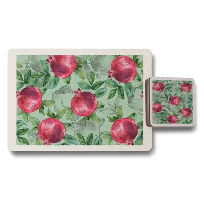 B&Q -  Pomegranate Artwork Placemat Coaster Set With Wood Bottom Luxury Design Subtle Exclusivity
