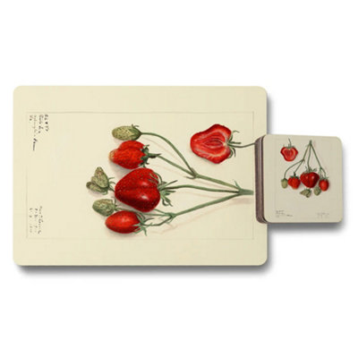 B&Q -  Strawberry Botanical Placemat And Coaster Set With Wood Backing High End Print Artwork Limited Edition