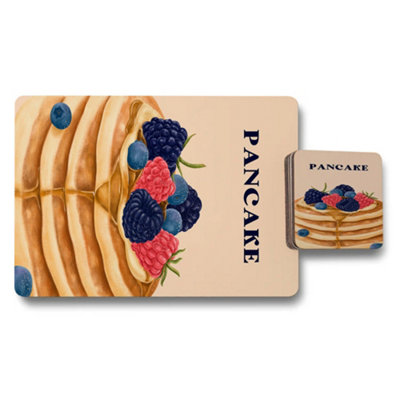 B&Q -  Pancake Placemat And Coaster Set Designer Artwork Collection With Wood Bottom Limited Edition