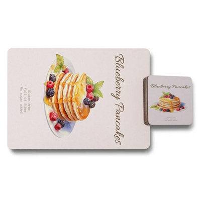 B&Q -  Blueberry Pancakes Placemat And Coaster Set Designer Artwork With Wood Bottom Limited Edition
