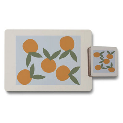 B&Q -  Artisanal Wood Base Orange Motif Placemat And Coaster Set From Limited Collection