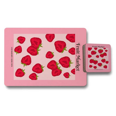 B&Q -  Fruit Market Strawberry Collection Placemats And Coasters With Wood Bottom Premium Designer Artwork Limited Edition