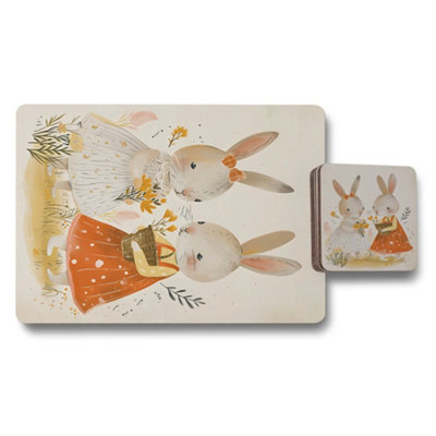 B&Q -  Placemat And Coaster Set With Fine Art Rabbit Illustration And Wooden Bottom Limited Edition