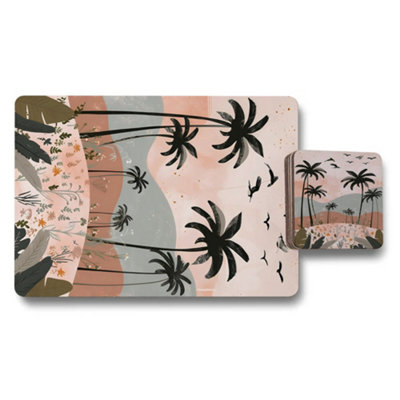 B&Q -  Designer Palm Island Placemats And Coasters Set With Wood Backing From Exclusive Artwork Collection
