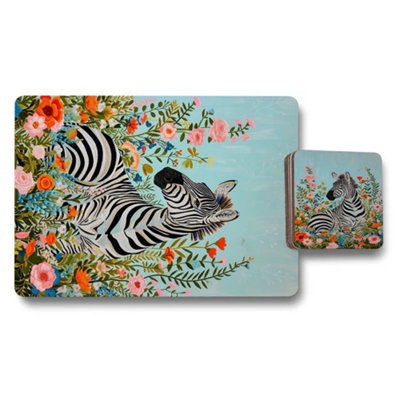 Benjamin Tate Design Zebra Floral Placemat And Coaster Set With Wood Bottom Limited Edition Artisan Collection from B&Q
