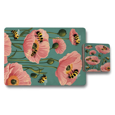 B&Q -  Poppy Bloom Collection Placemats And Coasters Set With Wood Bottom And Designer Artwork Limited