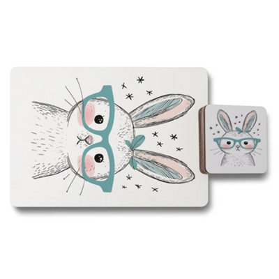 B&Q -  Placemat And Coaster SetBunny Artwork With GlassesWooden BackingHigh End Print TechnologyLimited Edition