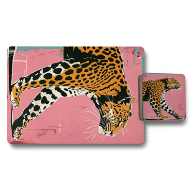 B&Q -  Leopard Print Placemat And Coaster Set Wood Bottom Designer Collection Exclusive Edition