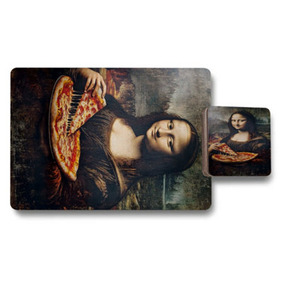B&Q -  Designer Artwork Placemats And Coasters Set With Wood Backing Mona Lisa Pizza Print Limited Edition
