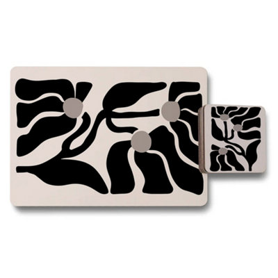 B&Q -  Abstract Floral Placemat And Coaster Set Of 12 With Wood Base Designer Artwork Collection