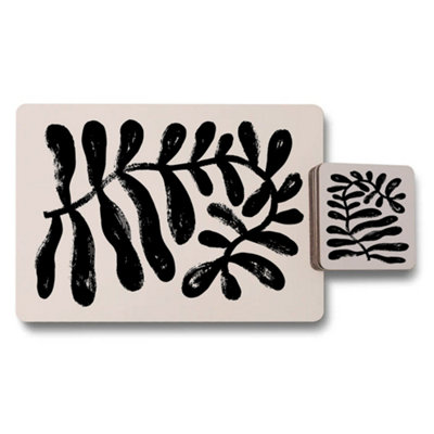 Benjamin Tate Design Placemats And Coasters Set Botanical Black Print On Wooden Base Artisan Crafted Limited Edition from B&Q