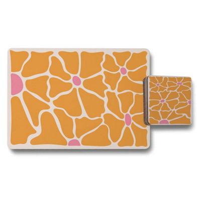 B&Q -  Abstract Floral Placemat And Coaster Set With Wood Bottom In Designer Artwork Collection