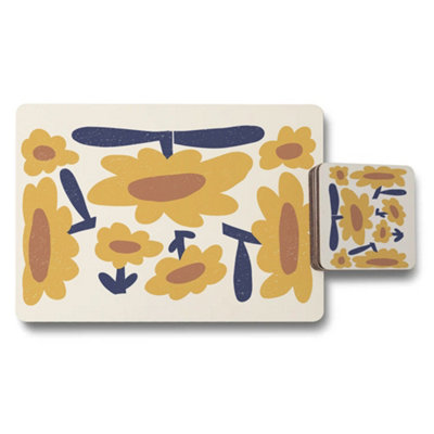 B&Q -  Wood Backed Floral Placemats And Coasters Set Designer Artwork Subtle Exclusive Edition