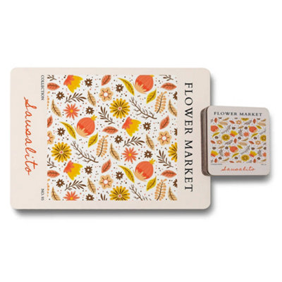 B&Q -  Flower Market Collection Placemat Coaster Set Wood Bottom Designer Artwork Exclusive