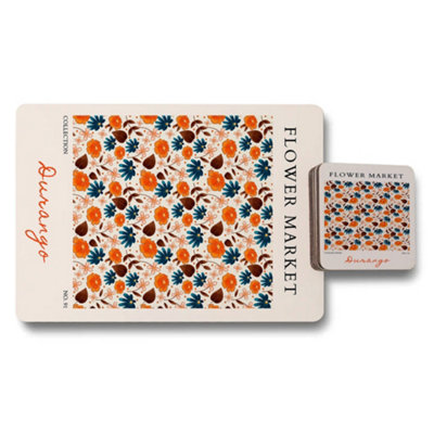 B&Q -  Durango Flower Market Collection Placemat And Coaster Set With Wood Bottom Limited Edition