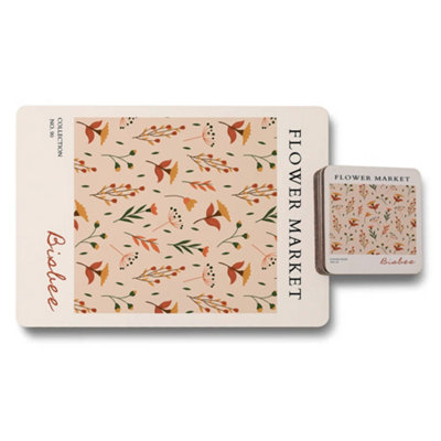 B&Q -  Flower Market Collection Placemat And Coaster Set With Designer Artwork And Wood Bottom No 90