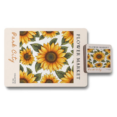 B&Q -  Flower Market Sunflower Placemat And Coaster Set With Wood Bottom And Premium Print