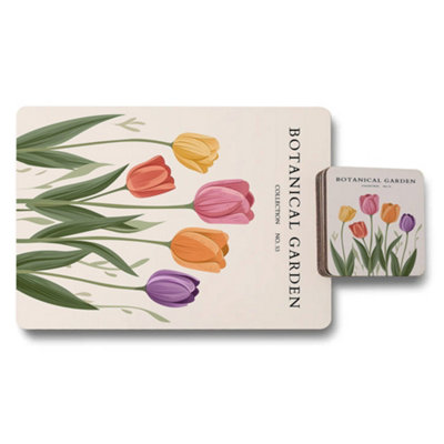 B&Q -  Botanical Garden Collection Placemats And Coasters Set Limited Edition Tulip Artwork On Wood Base