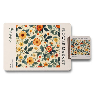 B&Q -  Flower Market Placemat And Coaster Set Floral Collection With Wood Backing Exclusive Edition