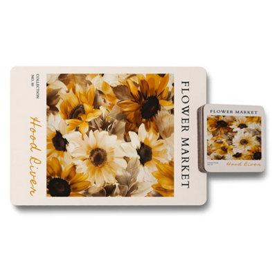 B&Q -  Flower Market Collection 80 Sunflower Artwork With Wood Bottom Placemat Coaster Set