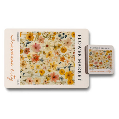 B&Q -  Flower Market Collection Wooden Placemat And Coaster Set With Designer Artwork Set Of 12 Limited Edition