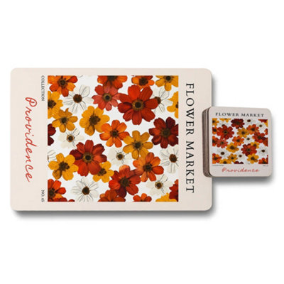 B&Q -  Providence Flower Market Placemats And Coasters Set With Wood Bottom And Designer Artwork