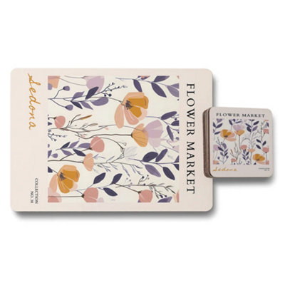 B&Q -  Ledona Flower Market Collection Placemat And Coaster Set With Wooden Base Limited Edition