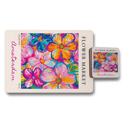 B&Q -  Flower Market Collection Placemat And Coaster Set Amsterdam Artwork Limited Wood Backed 12 Piece