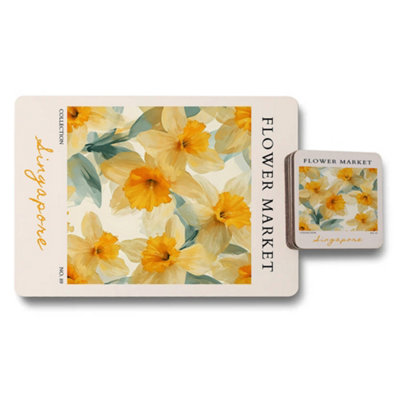B&Q -  Flower Market Collection Placemats And Coasters Set With Wood Base And High End Print Technology Limited Edition