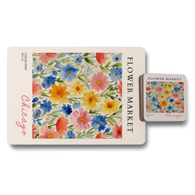 Benjamin Tate Design Flower Market Collection Placemat Coaster Set With Wood Bottom Exclusive Designer Artwork from B&Q
