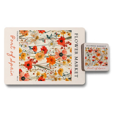B&Q -  Port Of Spain Flower Market Placemat Coaster Set Wood Bottom Exclusive Collection