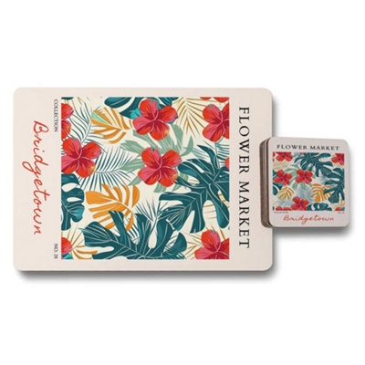 B&Q -  Bridgetown Flower Market Collection Placemat And Coaster Set With Tropical Hibiscus Artwork Limited Edition